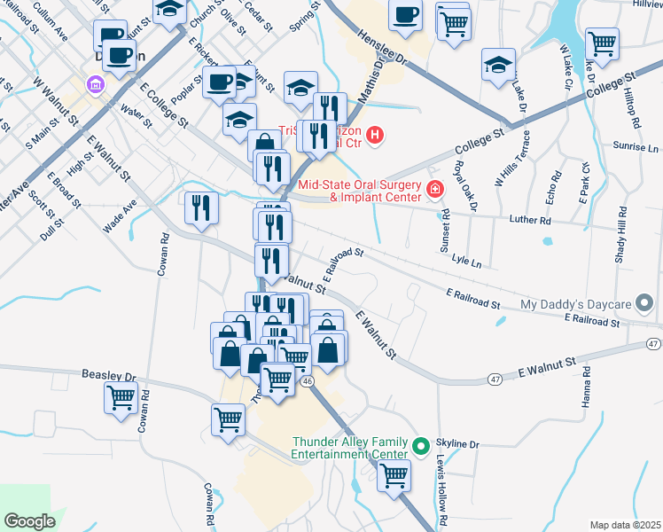 map of restaurants, bars, coffee shops, grocery stores, and more near 298 Martin Luther King Junior Boulevard in Dickson