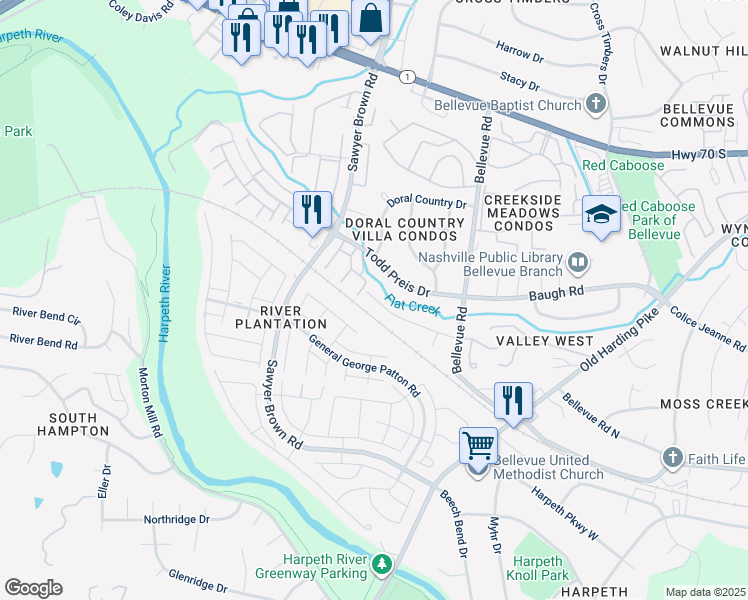 map of restaurants, bars, coffee shops, grocery stores, and more near 7449 George Gaines Road in Nashville