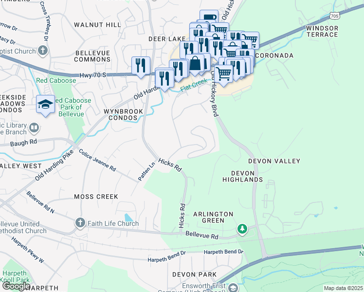 map of restaurants, bars, coffee shops, grocery stores, and more near 111 Old Hickory Boulevard in Nashville