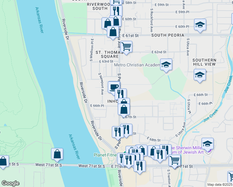 map of restaurants, bars, coffee shops, grocery stores, and more near 6508 South Peoria Avenue in Tulsa