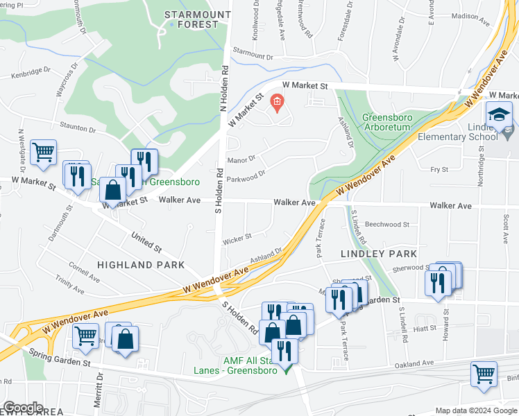 map of restaurants, bars, coffee shops, grocery stores, and more near 3909 Walker Avenue in Greensboro