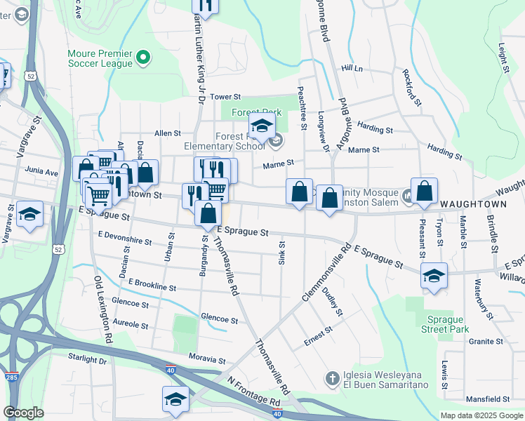 map of restaurants, bars, coffee shops, grocery stores, and more near Waughtown Street in Winston-Salem