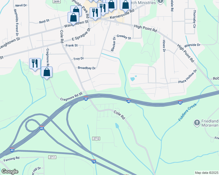 map of restaurants, bars, coffee shops, grocery stores, and more near 2926 Poinsetta Drive in Winston-Salem