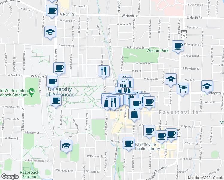 map of restaurants, bars, coffee shops, grocery stores, and more near 617 W Reagan St in Fayetteville