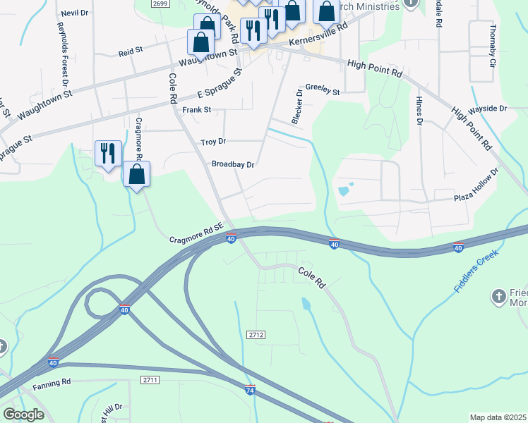 map of restaurants, bars, coffee shops, grocery stores, and more near 2910 Poinsetta Drive in Winston-Salem