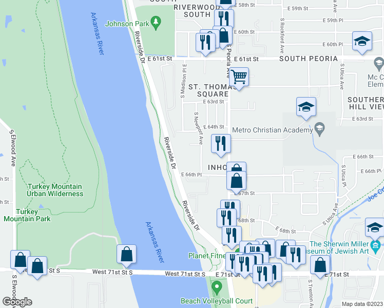 map of restaurants, bars, coffee shops, grocery stores, and more near 6518 South Newport Avenue in Tulsa