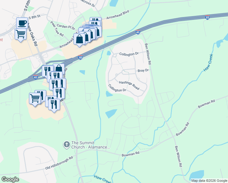 map of restaurants, bars, coffee shops, grocery stores, and more near 614 Collington Drive in Mebane