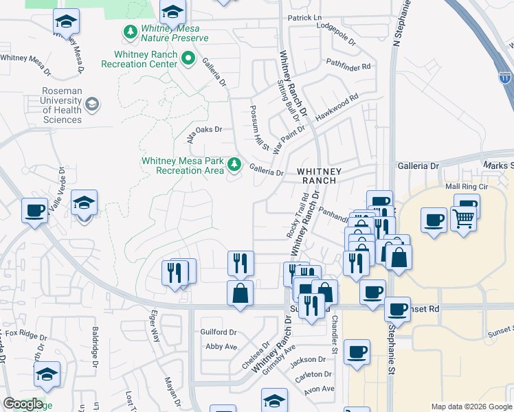 map of restaurants, bars, coffee shops, grocery stores, and more near 730 Rising Star Drive in Henderson