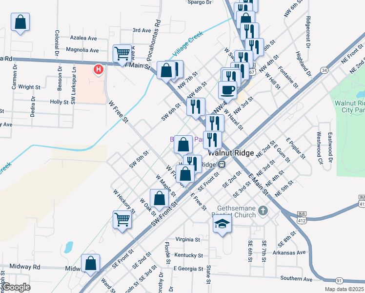 map of restaurants, bars, coffee shops, grocery stores, and more near 317 West Vine Street in Walnut Ridge