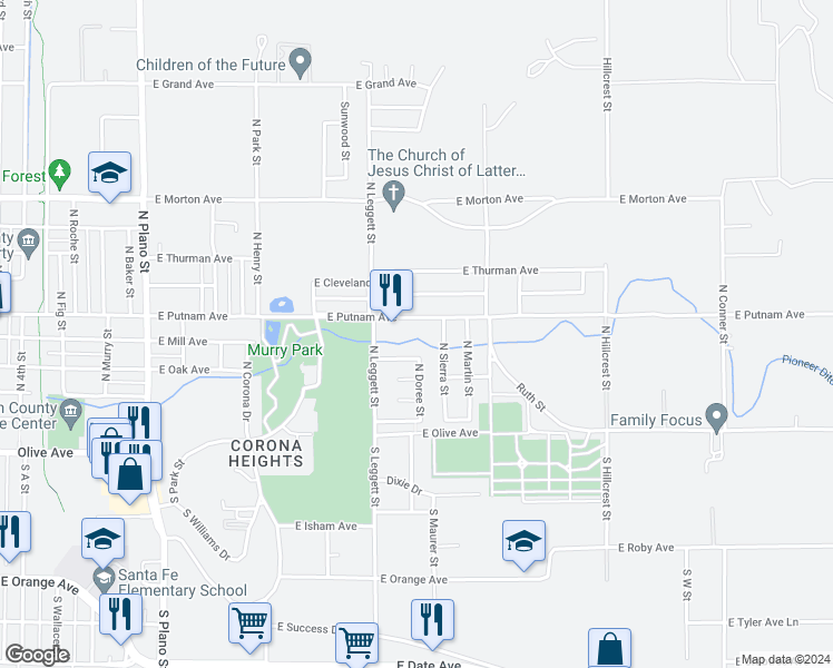 map of restaurants, bars, coffee shops, grocery stores, and more near 884 East Putnam Avenue in Porterville