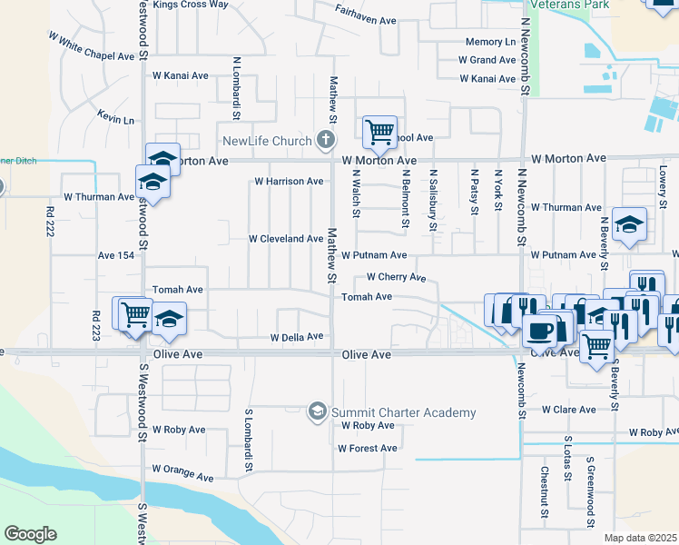 map of restaurants, bars, coffee shops, grocery stores, and more near 1958 West Cherry Avenue in Porterville