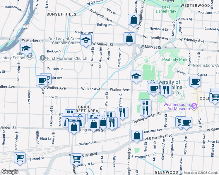 map of restaurants, bars, coffee shops, grocery stores, and more near in Greensboro