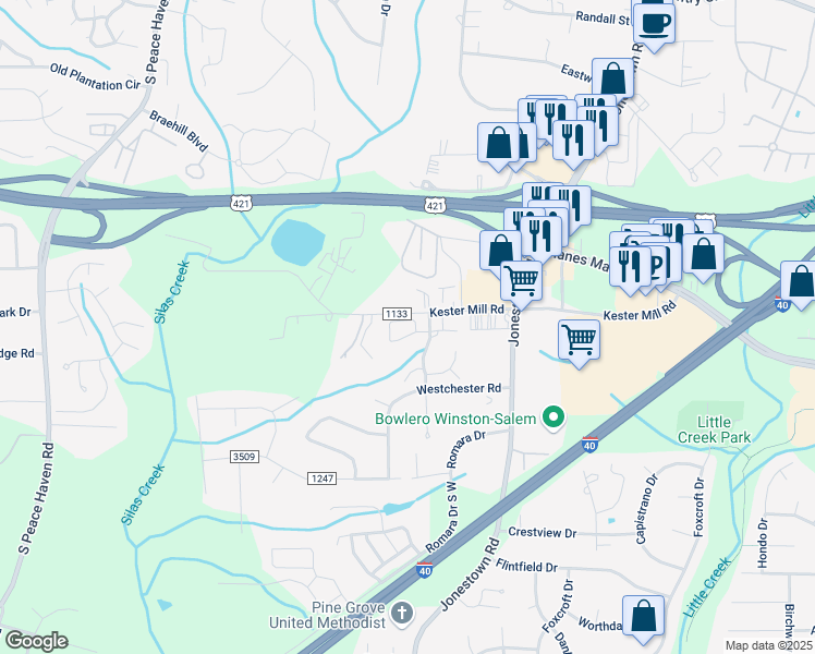 map of restaurants, bars, coffee shops, grocery stores, and more near 4781 Tatton Park Circle in Winston-Salem