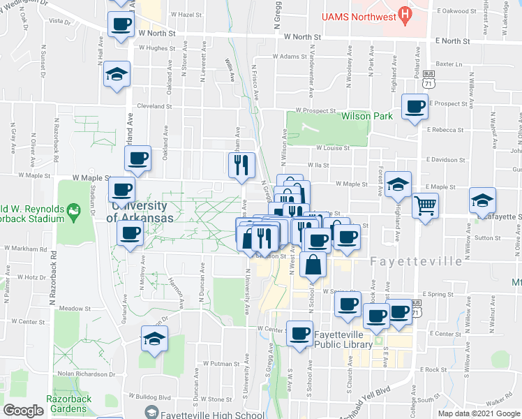 map of restaurants, bars, coffee shops, grocery stores, and more near 439 North Gregg Avenue in Fayetteville