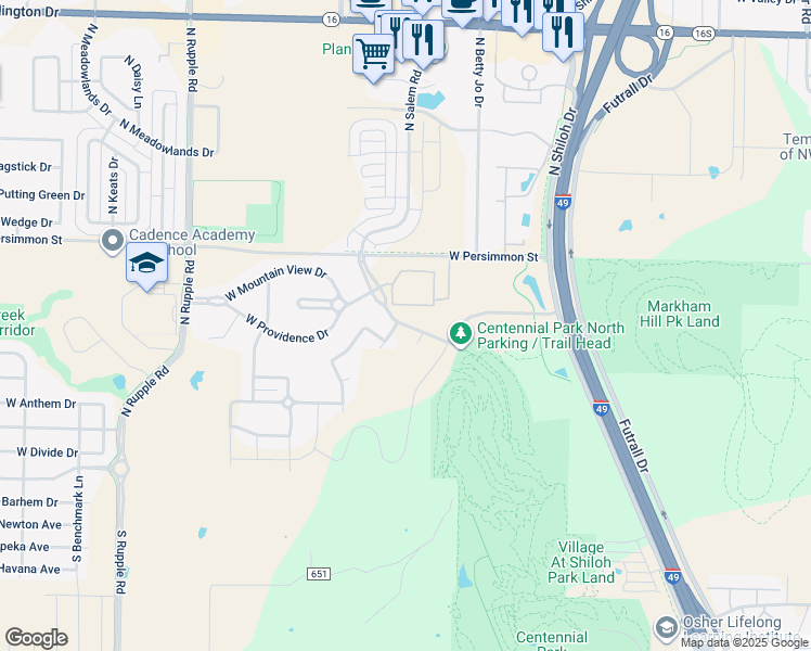 map of restaurants, bars, coffee shops, grocery stores, and more near 400 North Mountain Ranch Road in Fayetteville