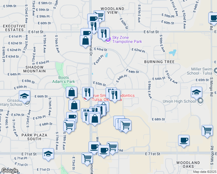 map of restaurants, bars, coffee shops, grocery stores, and more near 8219 East 65th Street in Tulsa