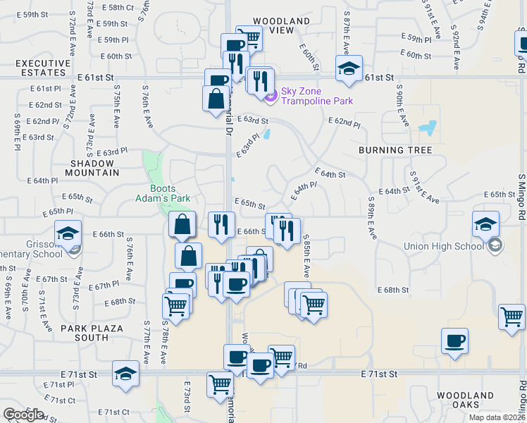 map of restaurants, bars, coffee shops, grocery stores, and more near 8219 East 65th Street in Tulsa