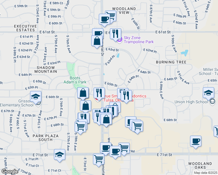 map of restaurants, bars, coffee shops, grocery stores, and more near 6506 South 81st East Place in Tulsa