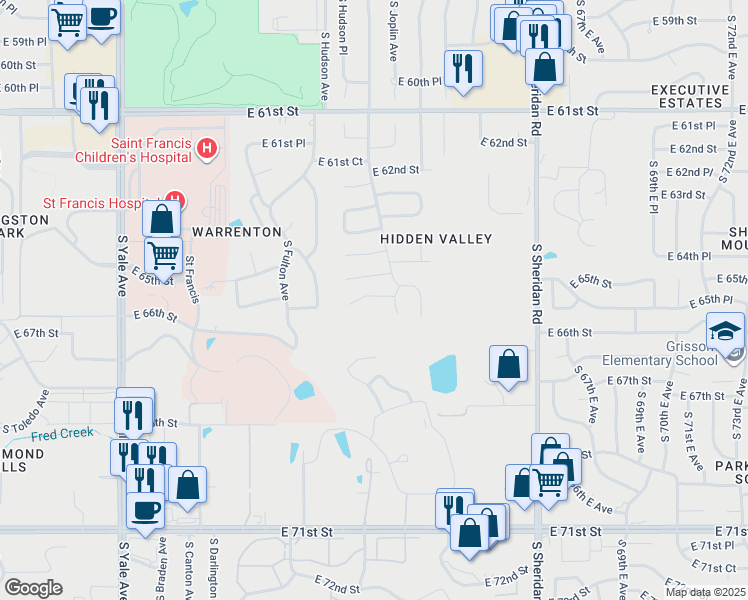 map of restaurants, bars, coffee shops, grocery stores, and more near 5719 East 65th Place in Tulsa