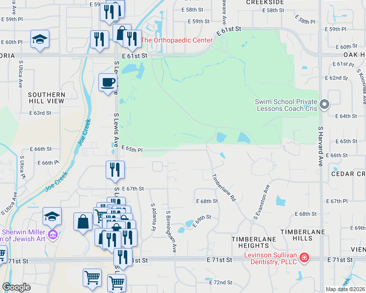map of restaurants, bars, coffee shops, grocery stores, and more near 2629 East 65th Place in Tulsa