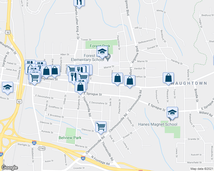 map of restaurants, bars, coffee shops, grocery stores, and more near 1156 Waughtown Street in Winston-Salem