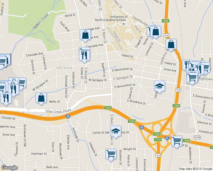 map of restaurants, bars, coffee shops, grocery stores, and more near 15 West Devonshire Street in Winston-Salem