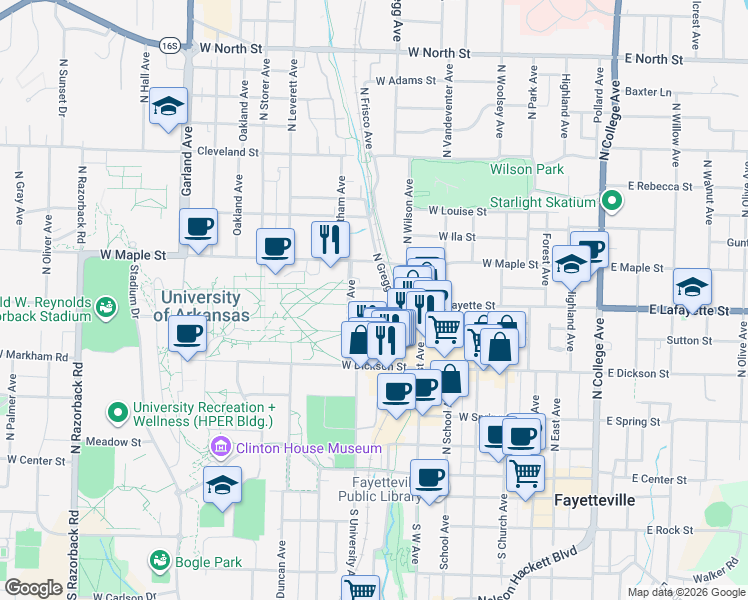 map of restaurants, bars, coffee shops, grocery stores, and more near 439 North Gregg Avenue in Fayetteville