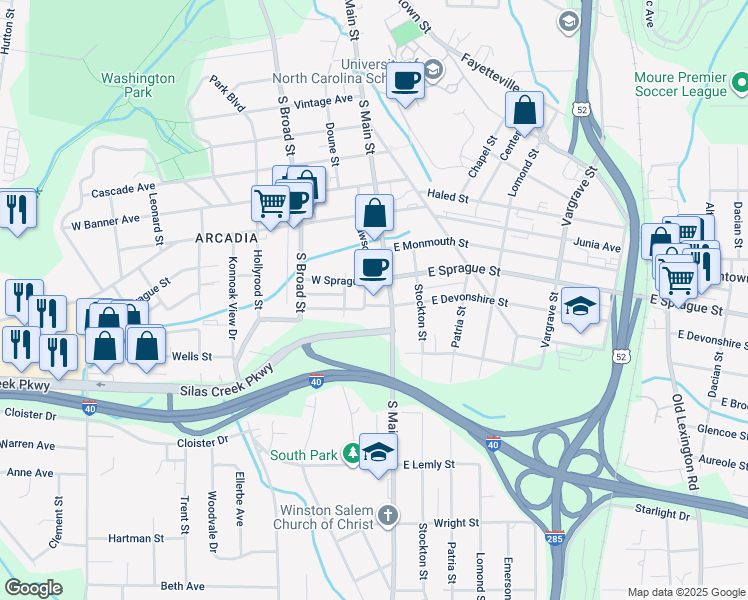 map of restaurants, bars, coffee shops, grocery stores, and more near 15 West Devonshire street in Winston-Salem