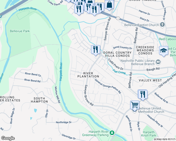 map of restaurants, bars, coffee shops, grocery stores, and more near 1209 Sawyer Brown Road in Nashville