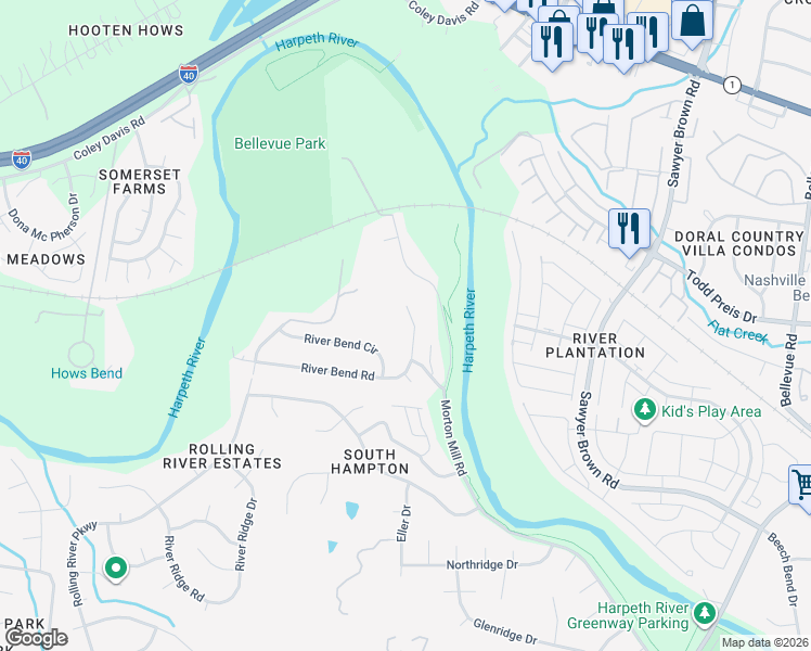 map of restaurants, bars, coffee shops, grocery stores, and more near 7340 River Bend Road in Nashville