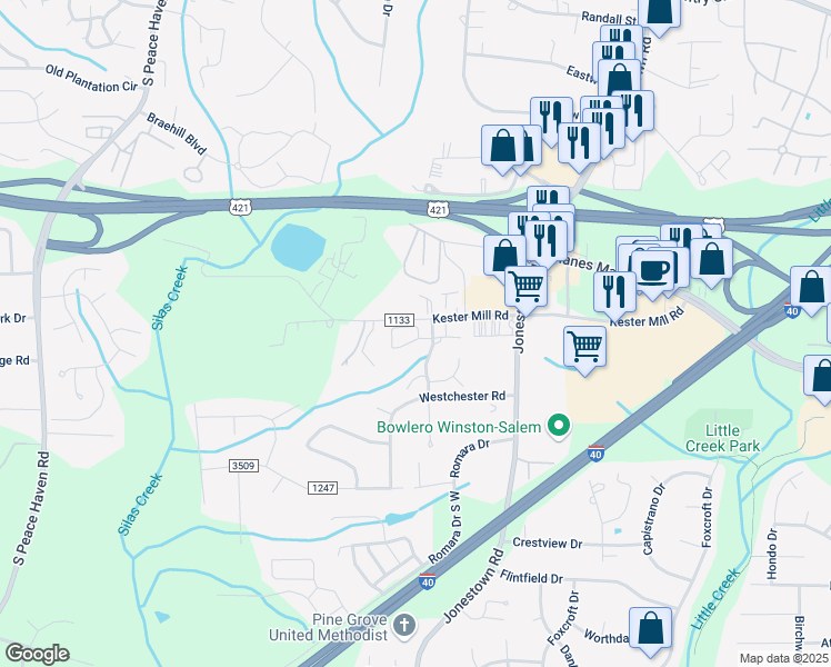 map of restaurants, bars, coffee shops, grocery stores, and more near 4781 Tatton Park Circle in Winston-Salem