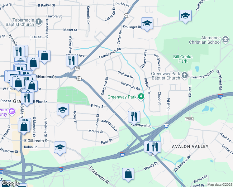 map of restaurants, bars, coffee shops, grocery stores, and more near 711 Brookgreen Terrace in Graham