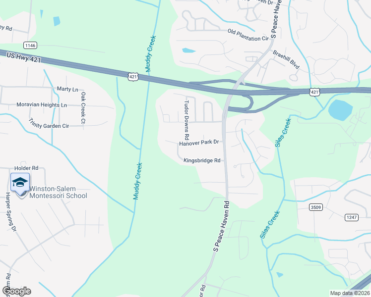 map of restaurants, bars, coffee shops, grocery stores, and more near 5437 Hanover Park Drive in Winston-Salem