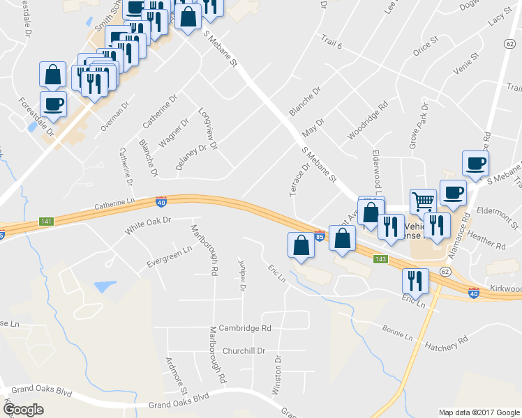 map of restaurants, bars, coffee shops, grocery stores, and more near Interstate 85 in Burlington