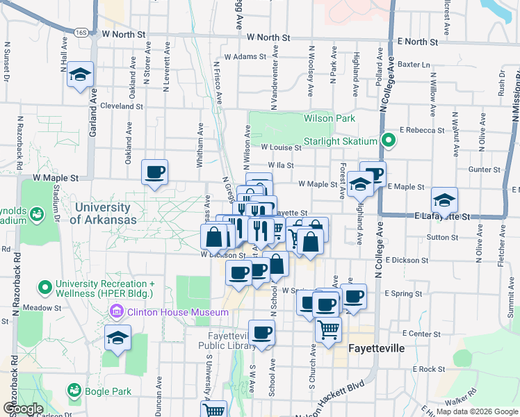 map of restaurants, bars, coffee shops, grocery stores, and more near 492 West Lafayette Street in Fayetteville