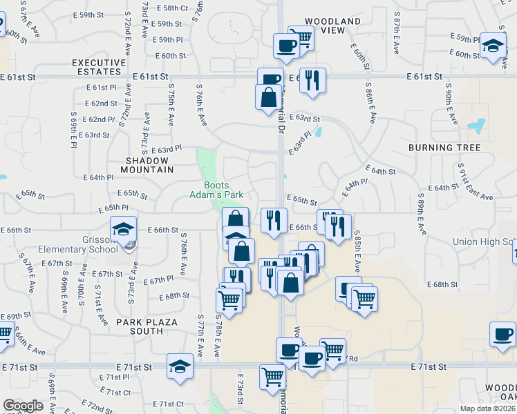 map of restaurants, bars, coffee shops, grocery stores, and more near 6512 South Memorial Drive in Tulsa