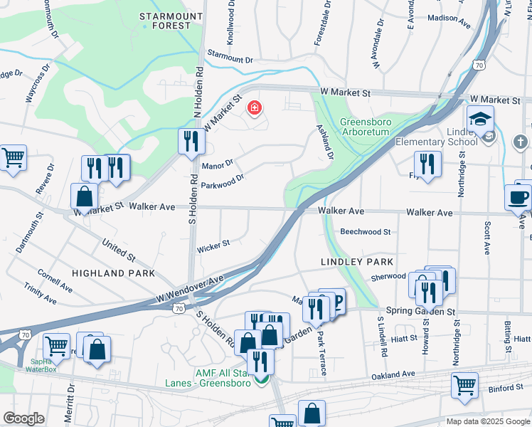 map of restaurants, bars, coffee shops, grocery stores, and more near 3809 Walker Avenue in Greensboro