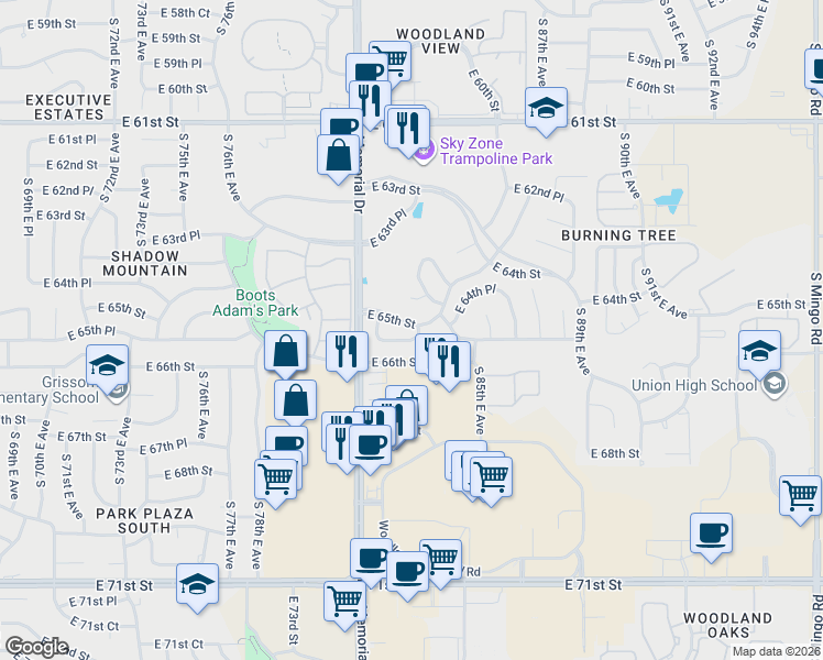 map of restaurants, bars, coffee shops, grocery stores, and more near 8219 East 65th Street in Tulsa