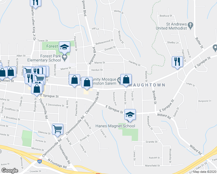 map of restaurants, bars, coffee shops, grocery stores, and more near 1335 Waughtown Street in Winston-Salem