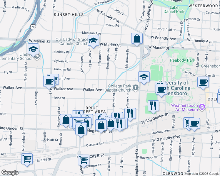 map of restaurants, bars, coffee shops, grocery stores, and more near 1806 Walker Avenue in Greensboro