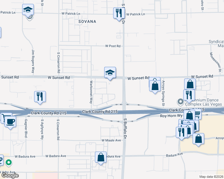 map of restaurants, bars, coffee shops, grocery stores, and more near 7895 West Sunset Road in Las Vegas