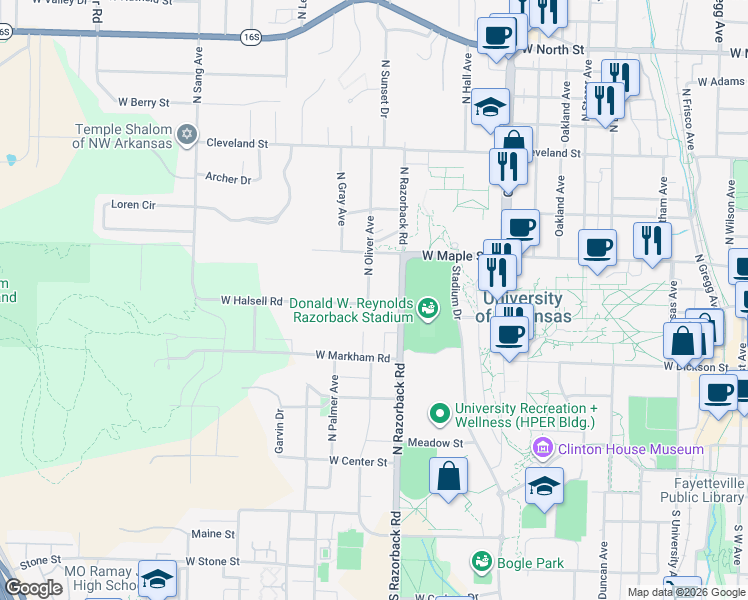 map of restaurants, bars, coffee shops, grocery stores, and more near 417 North Oliver Avenue in Fayetteville