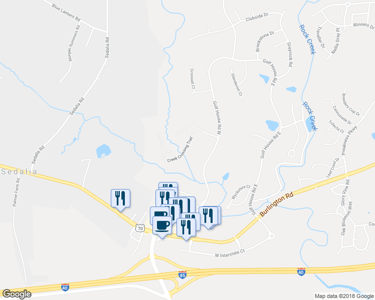 map of restaurants, bars, coffee shops, grocery stores, and more near 839 Creek Crossing Trail in Whitsett
