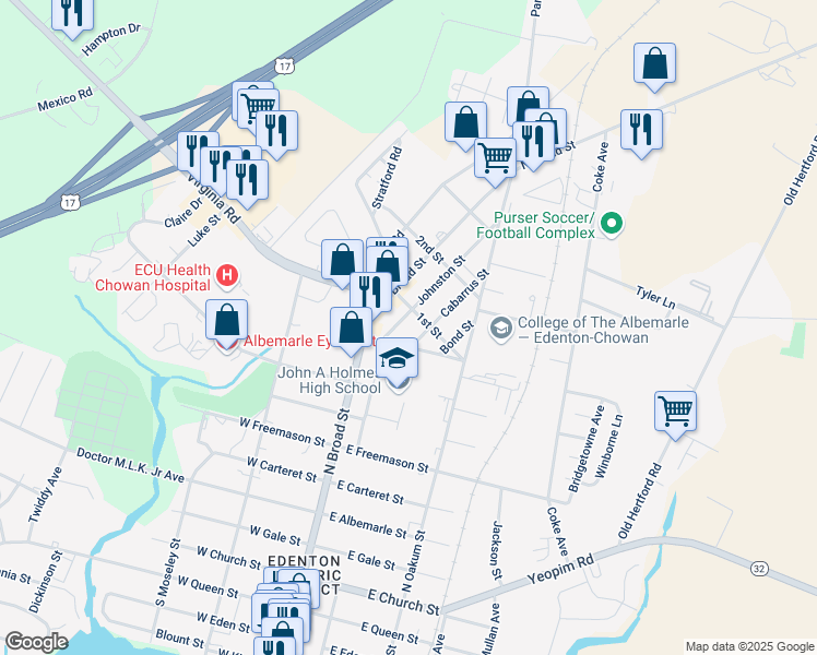 map of restaurants, bars, coffee shops, grocery stores, and more near 202 1st Street in Edenton