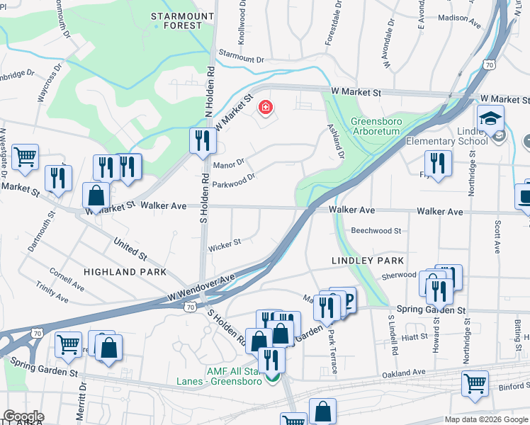 map of restaurants, bars, coffee shops, grocery stores, and more near 3817 Walker Avenue in Greensboro