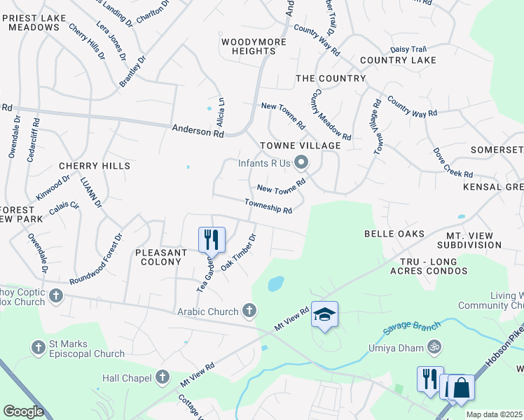 map of restaurants, bars, coffee shops, grocery stores, and more near 3372 Towneship Road in Nashville