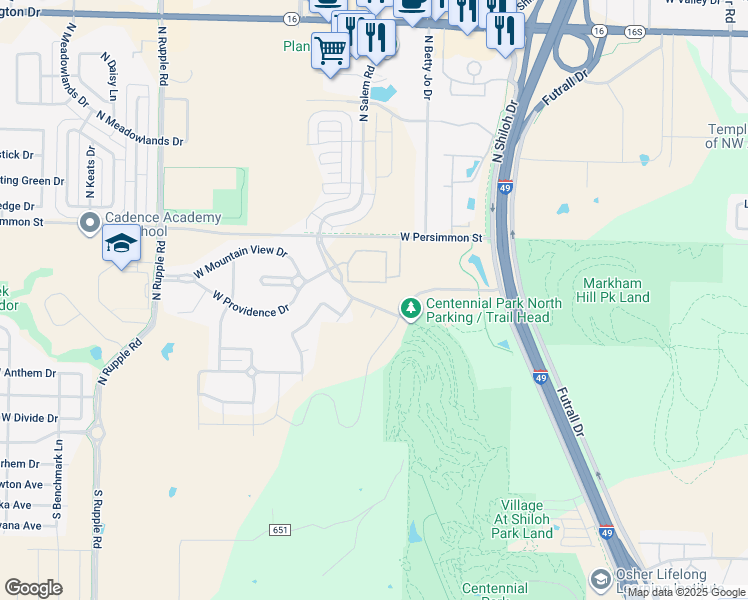 map of restaurants, bars, coffee shops, grocery stores, and more near 400 North Mountain Ranch Road in Fayetteville