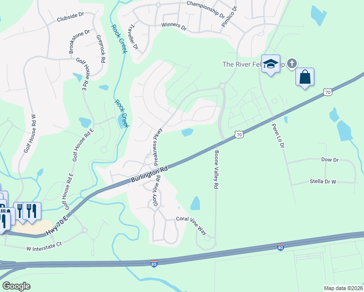 map of restaurants, bars, coffee shops, grocery stores, and more near 6463 Burlington Road in Whitsett