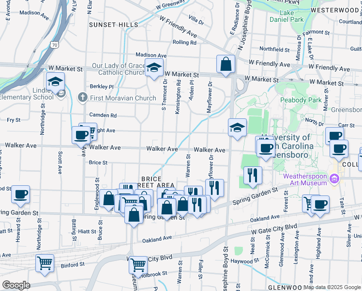 map of restaurants, bars, coffee shops, grocery stores, and more near 1806 Walker Avenue in Greensboro