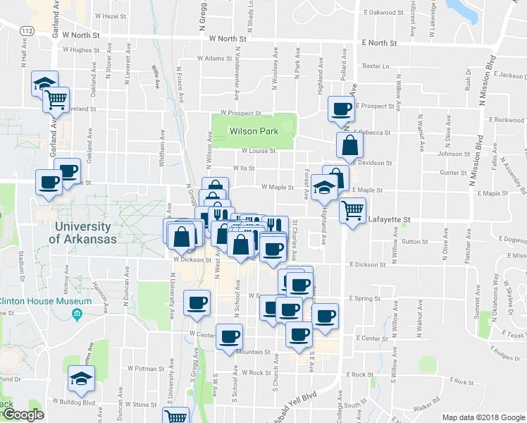 map of restaurants, bars, coffee shops, grocery stores, and more near 210 West Lafayette Street in Fayetteville